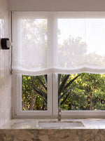 Load image into Gallery viewer, Linen Roman Blinds in off-white tulle with black piping
