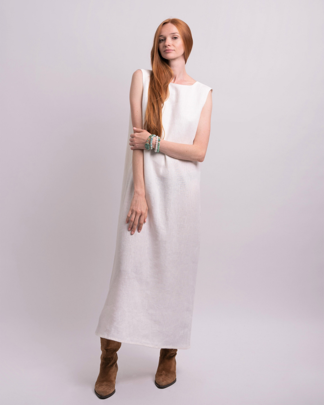 100% Linen Off-White Dress – Classic Free Style with Open Back