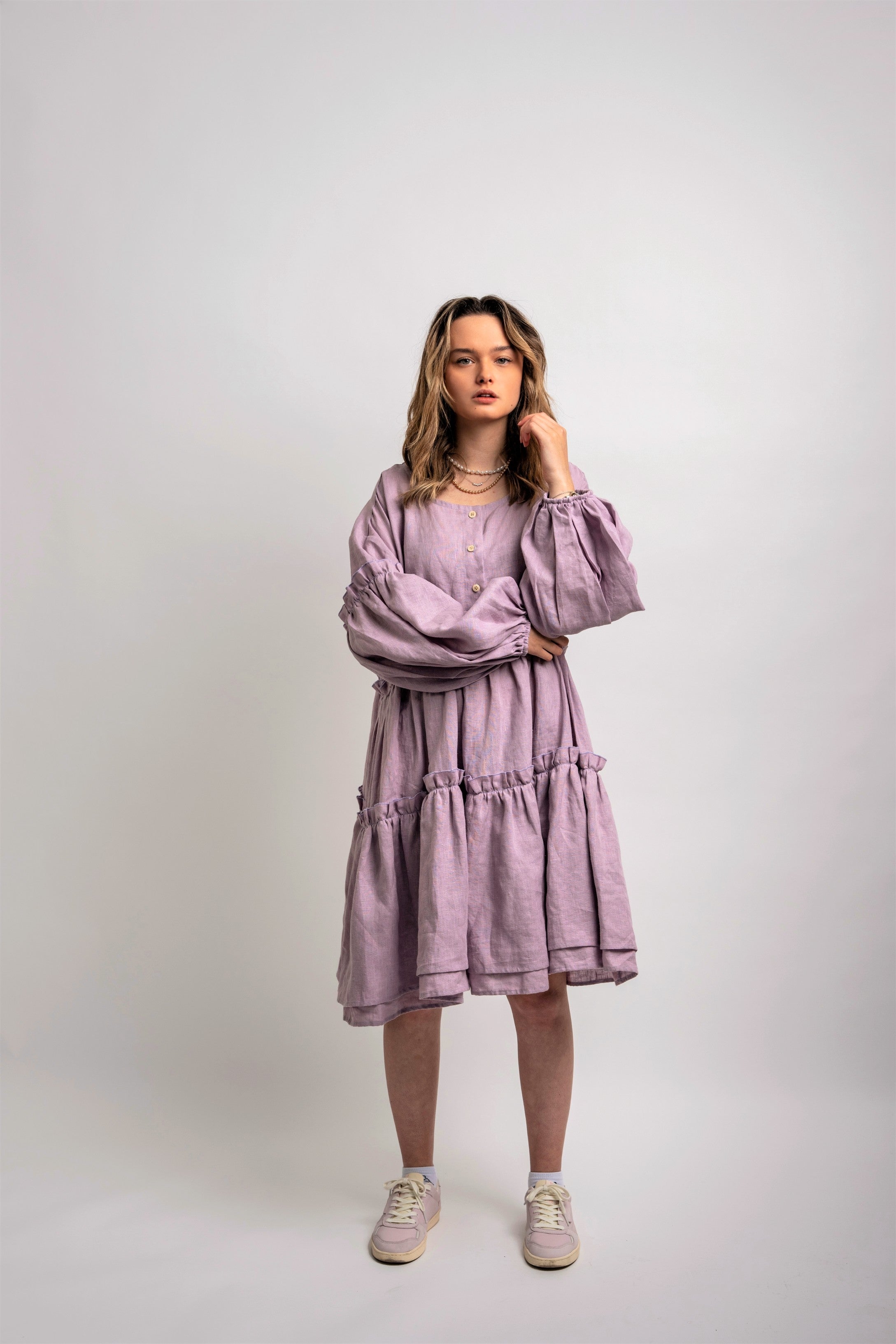 Linen lilac boho dress with ruffles