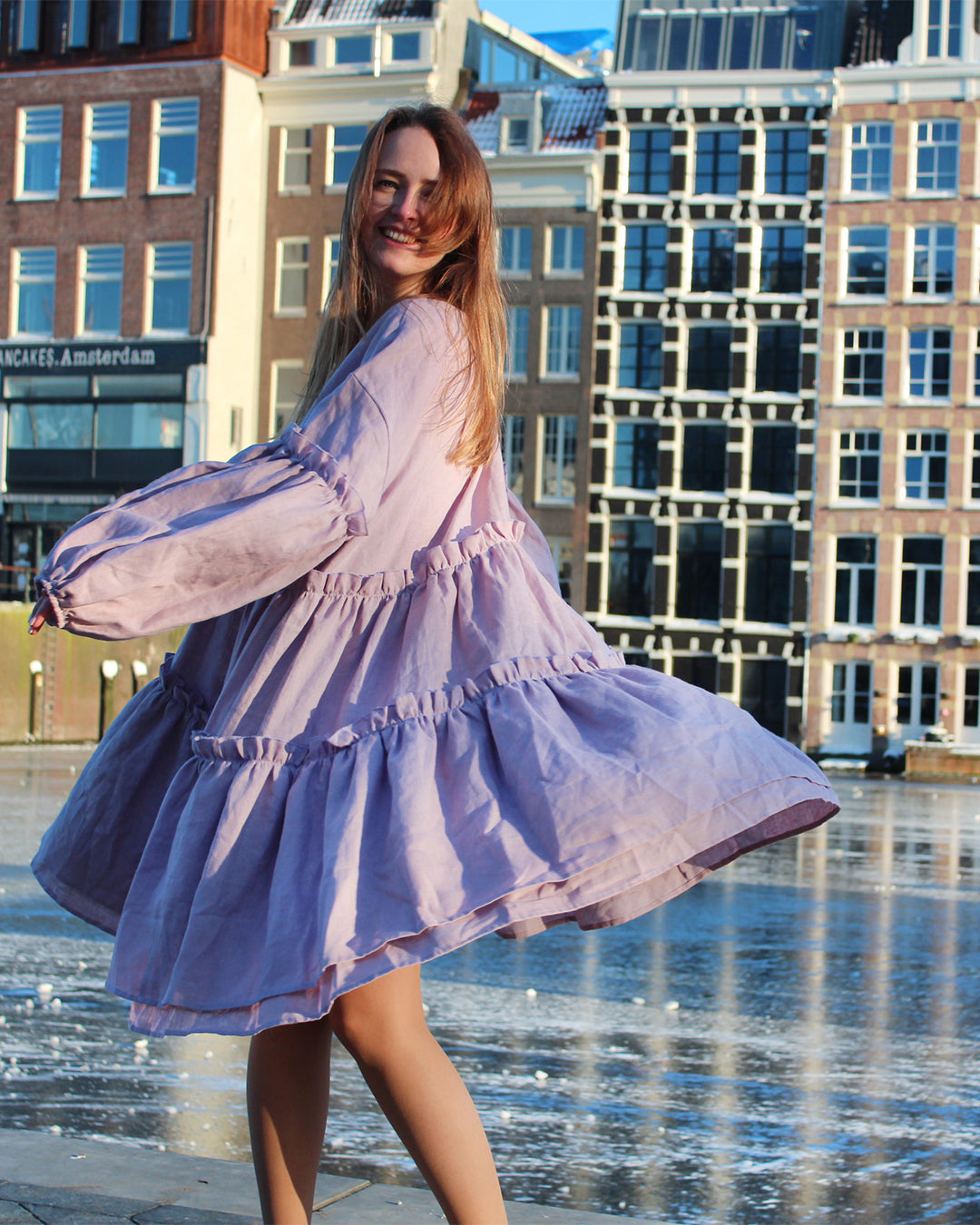 Linen lilac boho dress with ruffles