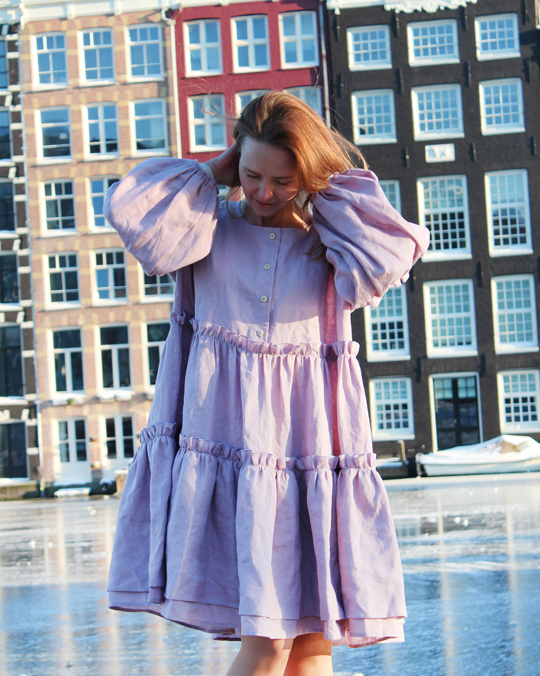 Linen lilac boho dress with ruffles