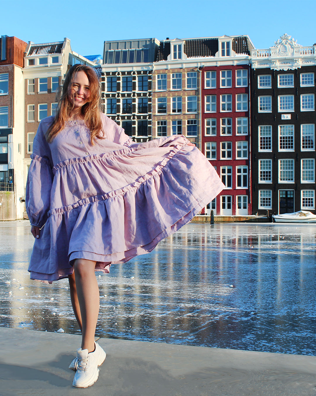 Linen lilac boho dress with ruffles