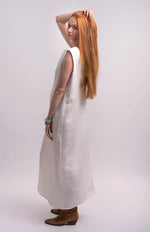 Load image into Gallery viewer, 100% Linen Off-White Dress – Classic Free Style with Open Back
